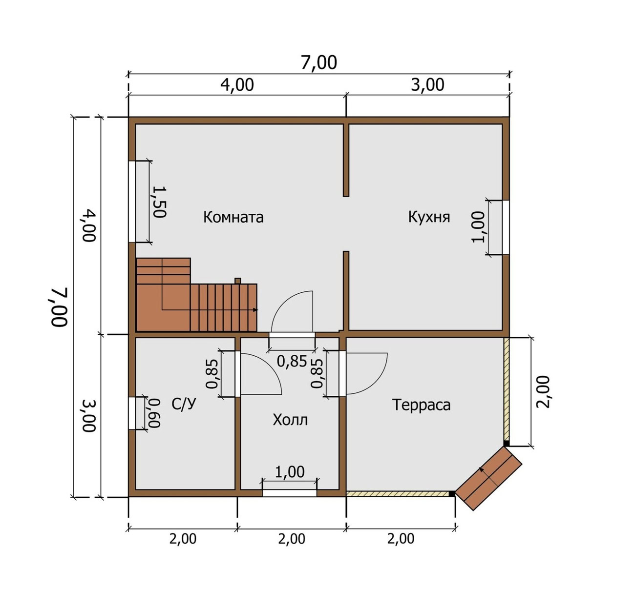 ДОМ ИЗ БРУСА 7×7 «ДБ10» (85 кв.м., 2 этажа, 7 на 7, с балконом, террасой и кухней-гостиной) — фото 1